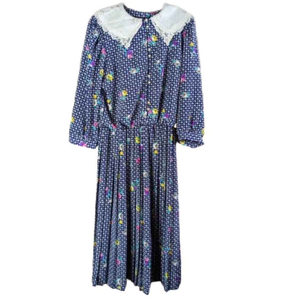 Lisa II Vintage 80s 90s Floral Print Dress Lace Collar Grunge Cottagecore Sz.14